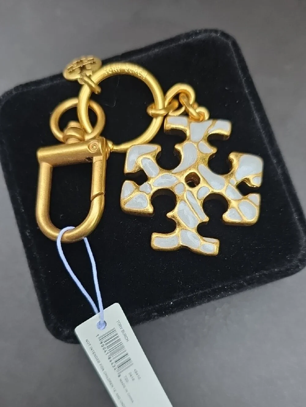 Tory Burch Gold and White Double-T Enamel Keyring